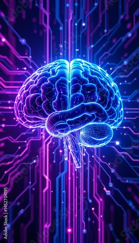 Futuristic ai brain with glowing circuits in neon blue and purple tones on a high-tech digital background Generative AI