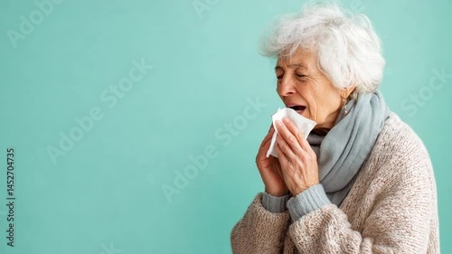 Old Woman Sneezing into a Tissue
