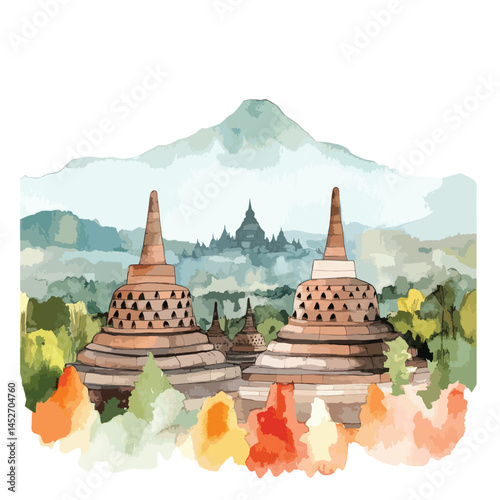 watercolor illustration of Borobudur Temple