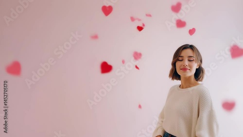 A Charming Young Woman Surrounded by Beautiful Heart Petals in a Dreamy Atmosphere