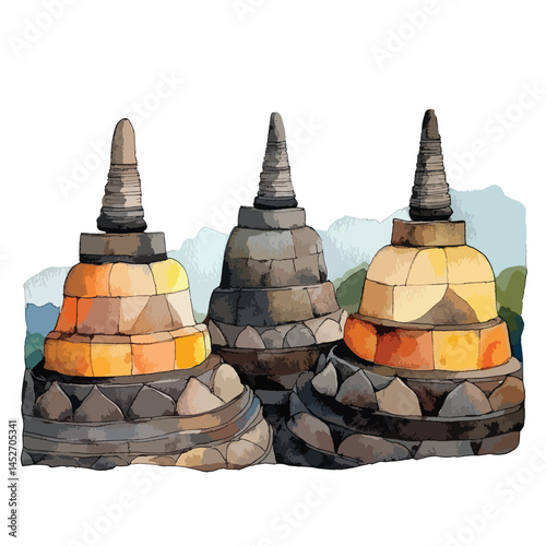 watercolor illustration of Borobudur Temple