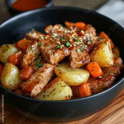 Bowl of meat, potatoes, carrots on a table