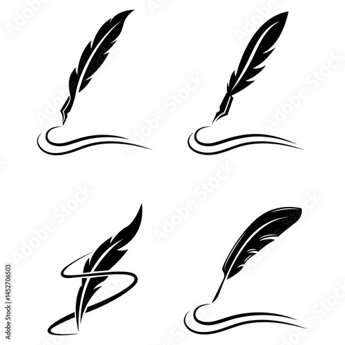 Feather quill inking classic pen black and white abstract signs isolated on white