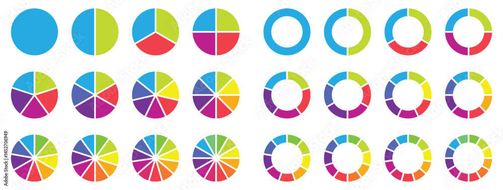 Circle pie chart diagram. 1,2,3,4,5,6,7,8,9,10,11,12 sections or steps. Progress sectors. Flat process cycle. Pie chart set. Circle section graph. vector illustration, Eps 10