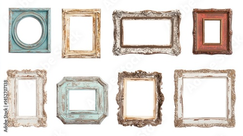 Set of rustic frames in various shapes with faded colors on white background.