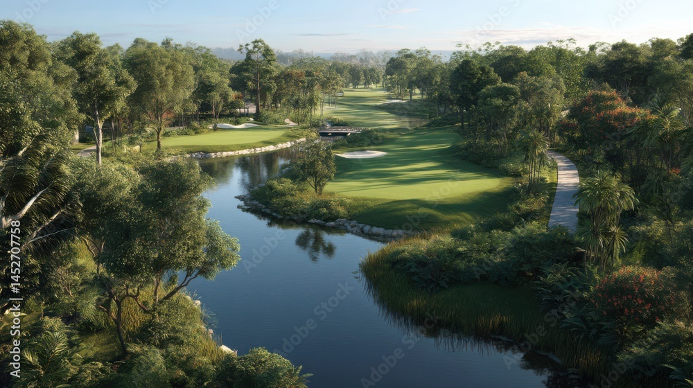 Fototapeta premium Scenic golf course with water hazard and lush greenery in morning light