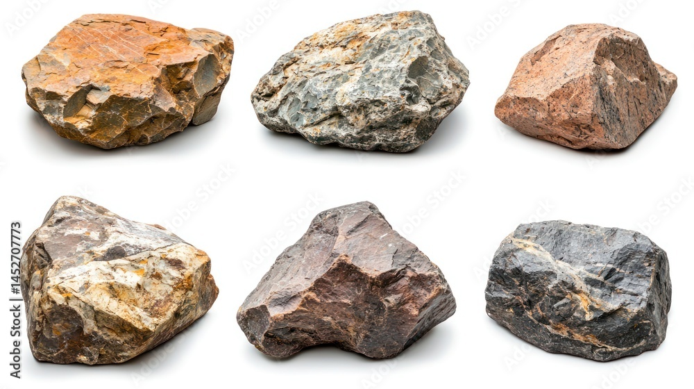 Set of sedimentary desert boulders with rich textures, placed on white Set of sedimentary desert boulders with rich textures, placed on white