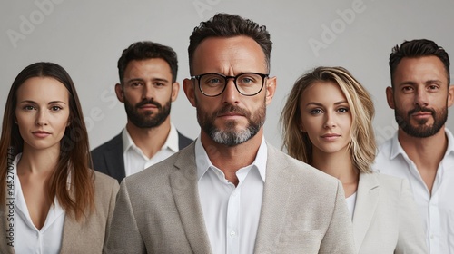 A group of business people, men and women, stand together. They look like a team working towards a common goal. Isolated on white.
