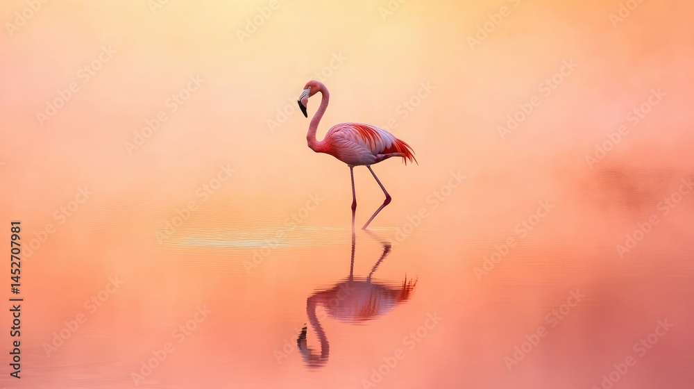 Obraz premium A flamingo standing on one leg in a shallow misty lagoon