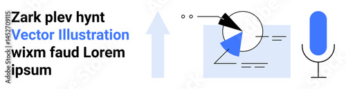 Microphone, blue arrow, pie chart, and abstract shapes combine to suggest data, voice technology, creativity, and communication. Ideal for analytics, tech innovation education teamwork business