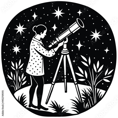 Woman Stargazing with Telescope Illustration | Astronomy Art | Night Sky Stars