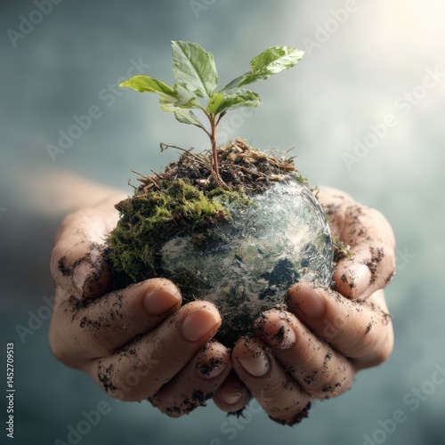 Hands holding earth with green sprout growing symbolizing environmental care