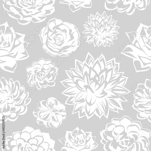 Seamless pattern. White Cactus and Succulent flowers on a gray background. Desert and tropical thorny houseplants. 
