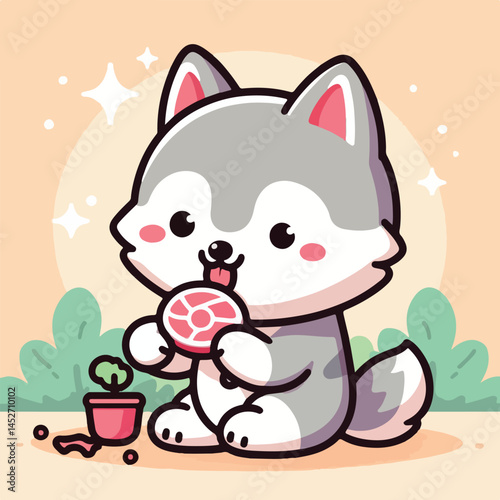 vector image of cute wolf eating meat
