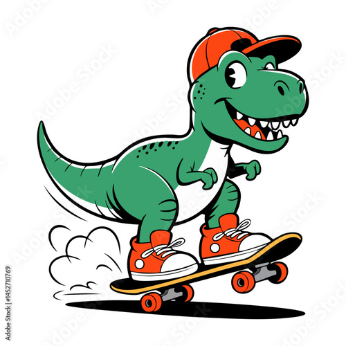 vintage cartoon illustration green dinosaur is skateboarding.