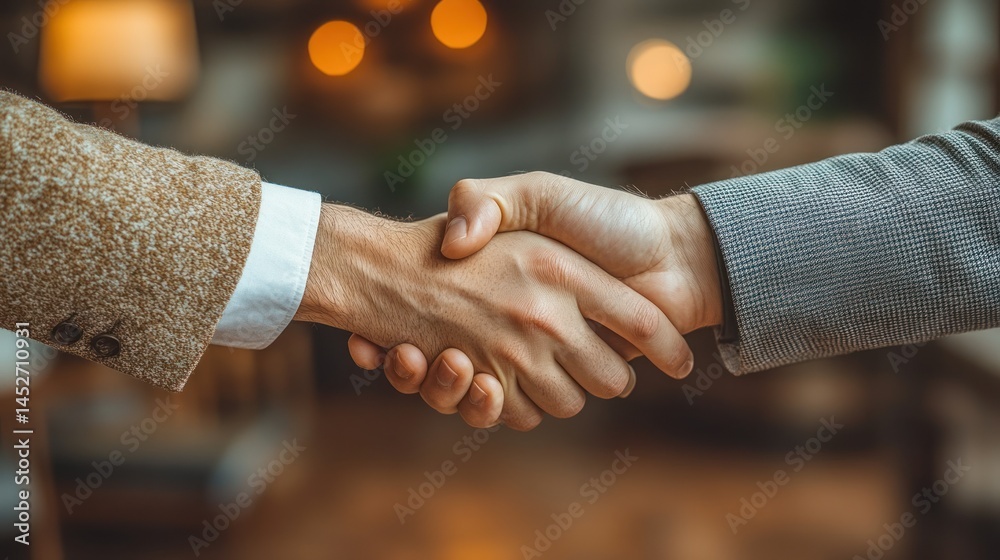 Two people shaking hands in a business setting showing agreement or partnership.