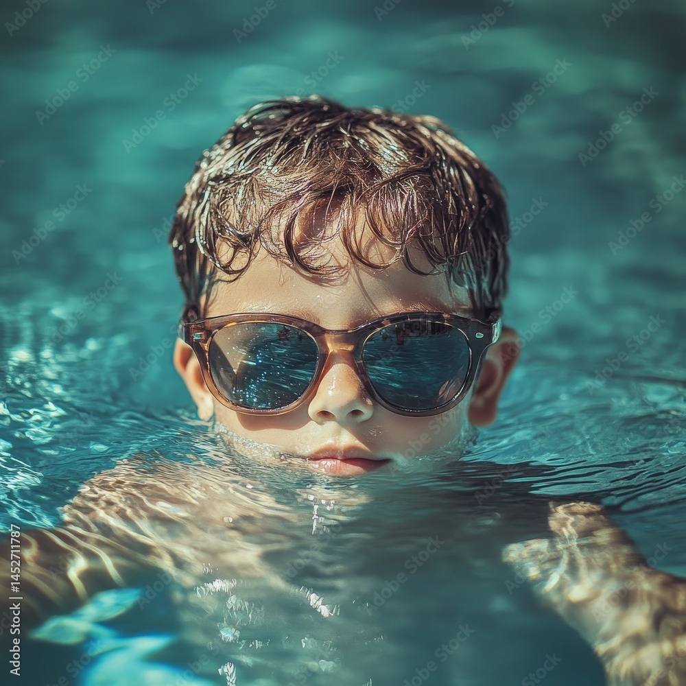 Naklejka premium Boy in shades, chillin' in the pool.