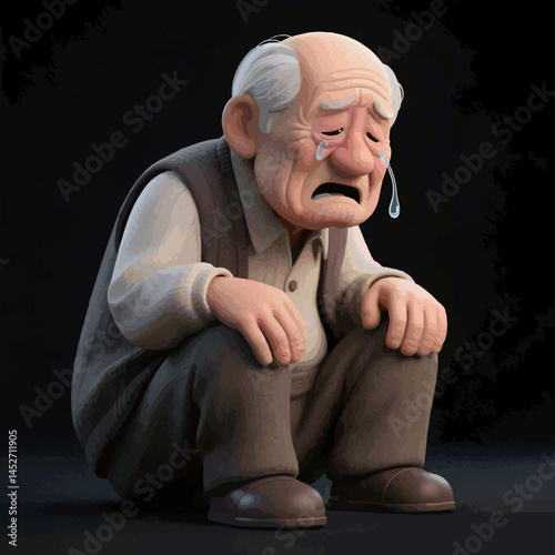 Sad Crying Cartoon Old Man Sitting Down