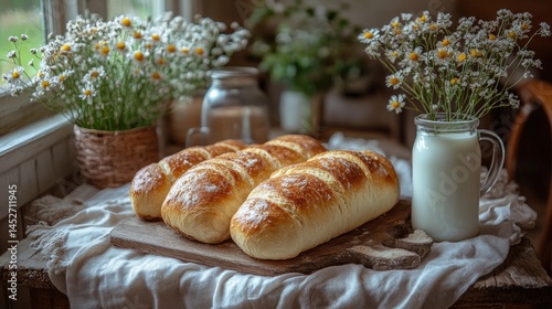 Freshly baked bread loaves on a wooden table surrounded by flowers and a glass of milk