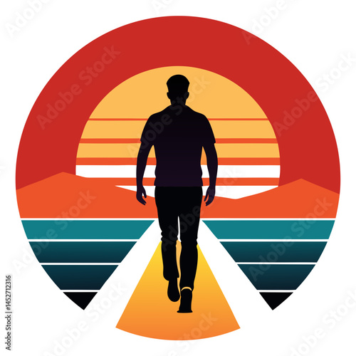 Retro Sunset Walk – Man Walking on Road Vector Illustration
