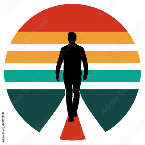 Retro Sunset Walk – Man Walking on Road Vector Illustration