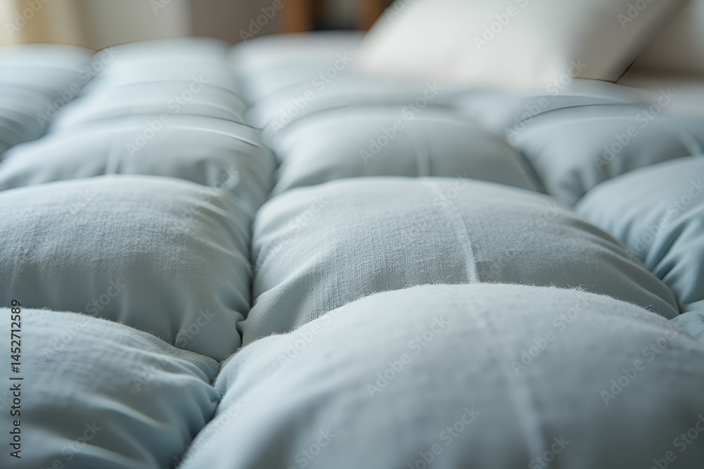 Fototapeta premium Soft quilted comforter in light blue used for bedroom comfort and decor.