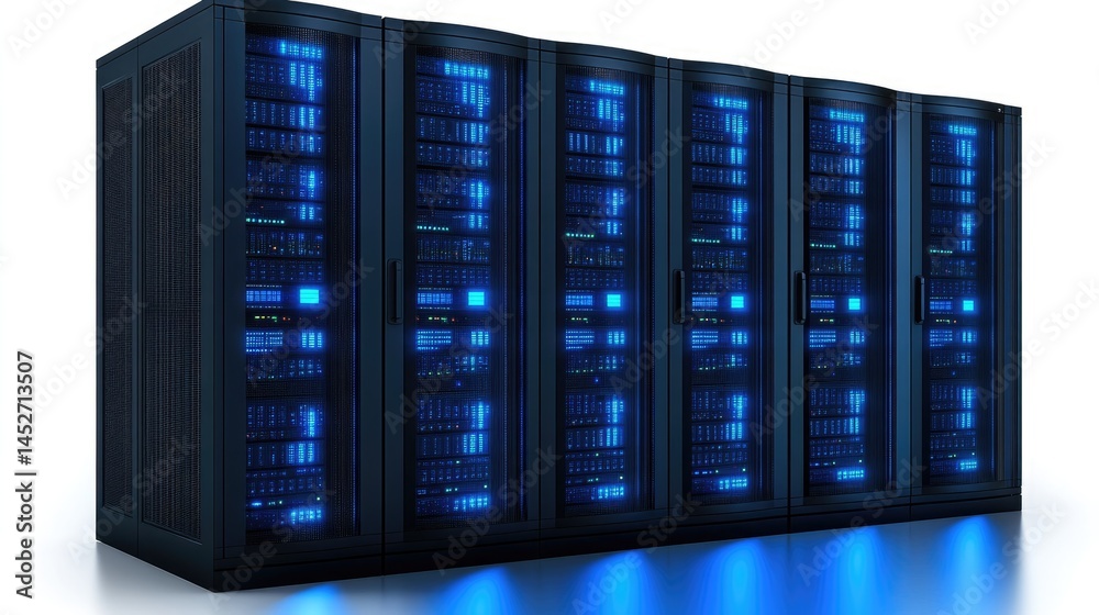 Row of server racks with glowing lights in data center. Use for IT services, web hosting, or cloud computing visuals. Row of server racks with glowing lights in data center. Use for IT services, web hosting, or cloud computing visuals.