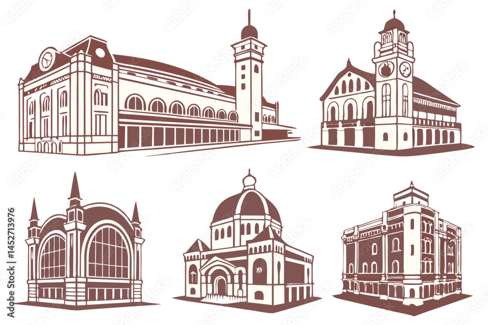 Obraz premium set of Railroad Station silhouette vector illustration