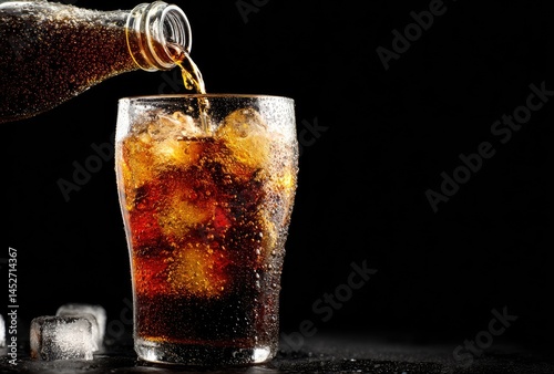 Wallpaper Mural Refreshing cola stream pouring into ice-filled glass, captured with crisp bubbles and dark background for drink ads and branding visuals Torontodigital.ca
