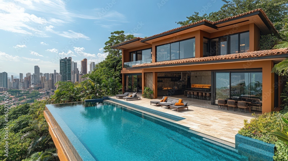 Fototapeta premium Luxurious hilltop villa with infinity pool overlooking city skyline vista