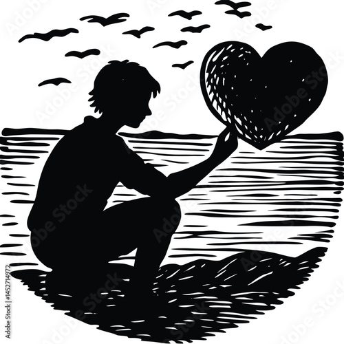 Silhouette of Boy Holding Heart at Beach, Woodcut Style Illustration, Love Concept