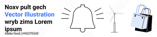 Notification bell emitting rays, wind turbine for sustainability, shopping bag for retail. Ideal for notifications, environment, commerce, alerts, eco-awareness, marketing flat landing page banner
