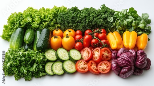 A vibrant arrangement of fresh vegetables including lettuce, cucumbers, tomatoes, and peppers