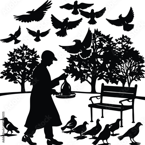 Silhouette of Man Feeding Birds in Park, Vector Illustration, Nature Scene