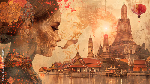Thailand collage: golden temples, traditional Thai dancers, elephant motifs, intricate silk weaving patterns, floating lanterns, tropical flowers, vibrant gold and pink hues