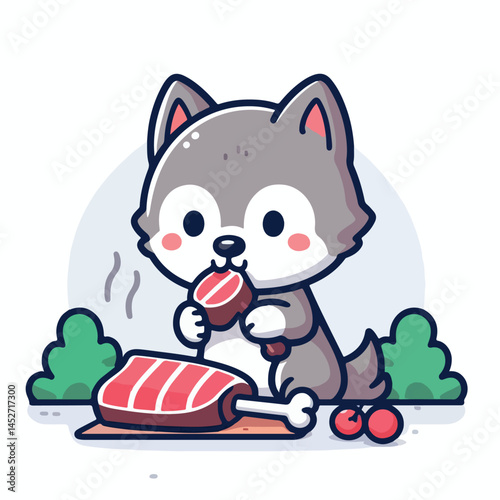 vector image of cute wolf eating meat
