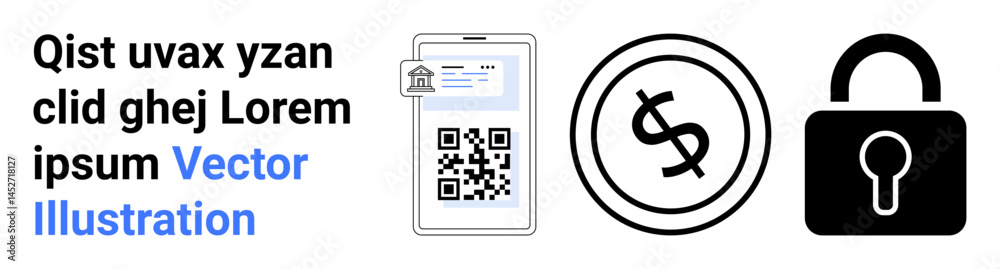Smartphone displaying QR code and payment app, dollar coin icon, and lock icon signifying secure transactions. Ideal for payment systems, encryption, e-commerce, fintech, digital security, banking Smartphone displaying QR code and payment app, dollar coin icon, and lock icon signifying secure transactions. Ideal for payment systems, encryption, e-commerce, fintech, digital security, banking