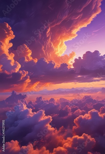Fiery orange and purple clouds blaze across a vast, clear sky , photo, light, background