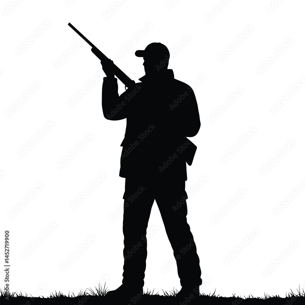 A dark silhouette of a hunter aiming a rifle, standing confidently outdoors in a grassy area, evoking themes of sport, precision, and nature.
A dark silhouette of a hunter aiming a rifle, standing confidently outdoors in a grassy area, evoking themes of sport, precision, and nature.