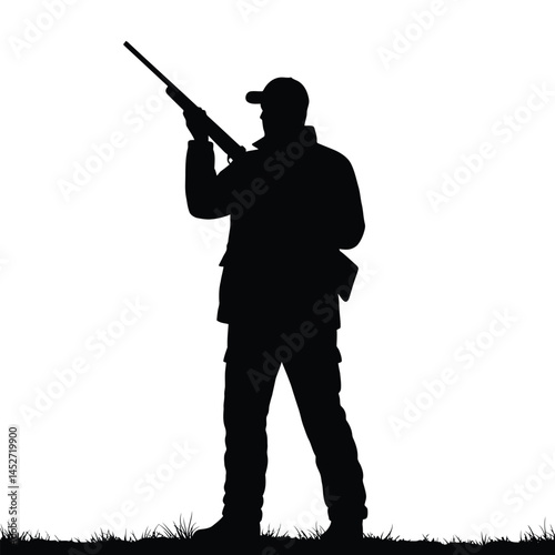 A dark silhouette of a hunter aiming a rifle, standing confidently outdoors in a grassy area, evoking themes of sport, precision, and nature.

