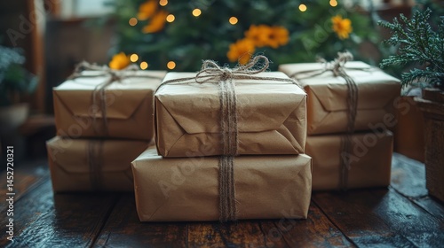 Luxurious christmas presents wrapped in gold paper with ribbons