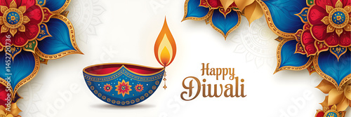 Happy Diwali Illustration Featuring Luxurious Deep Blue Gold Diya Lamp Glowing Flame Intricate Mandala Patterns Vibrant Red Blue Gold Tones on White Background for Festive Greeting Cards Invitations