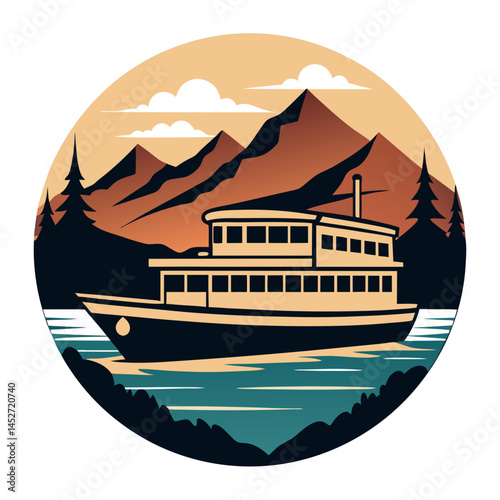 Ferry on Retro Vintage Background – Nautical SVG Vector Illustration


