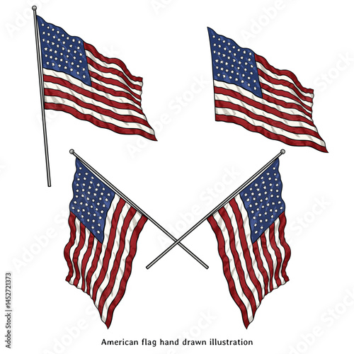 American Flag Vintage Hand Drawn Engraving Illustration