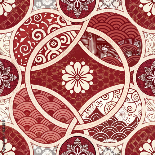 vector seamless pattern of traditional Shippo (seven treasures) Japanese overlapping circles in red and white, spiritual balance design

