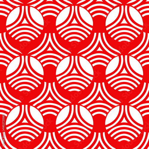 vector seamless pattern of traditional Shippo (seven treasures) Japanese overlapping circles in red and white, spiritual balance design
