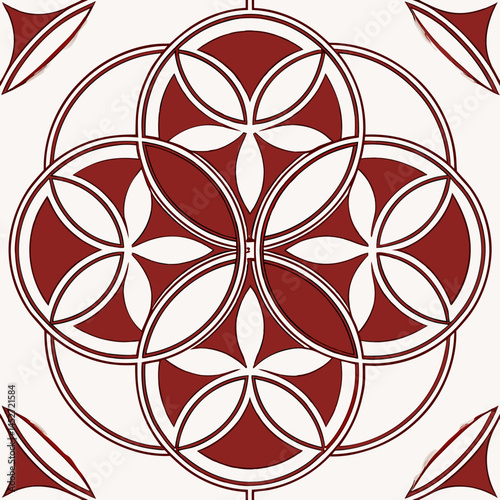 vector seamless pattern of traditional Shippo (seven treasures) Japanese overlapping circles in red and white, spiritual balance design
