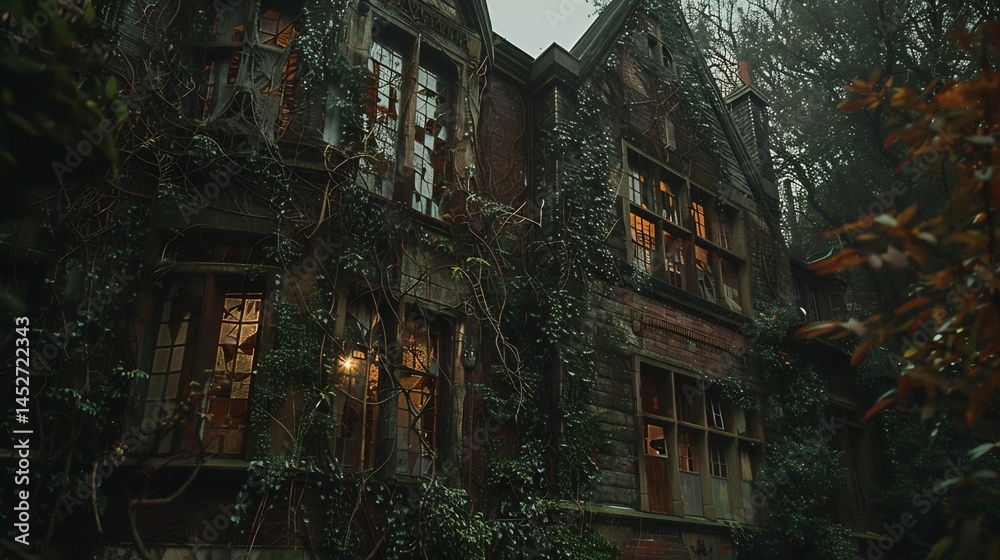 Derelict victorian mansion with broken windows and creeping ivy Derelict victorian mansion with broken windows and creeping ivy