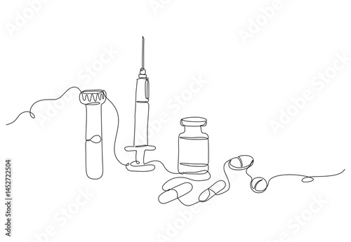 Continuous one line drawing of medical supplies including test tube, syringe, vaccine vial, and capsules. Minimalist vector illustration for healthcare and pharmaceutical concepts. Editable stroke