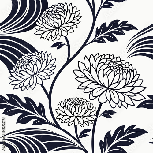 seamless Japanese pattern with chrysanthemum flowers and stylized waves in black and white, classic Wagara combination, vector art
